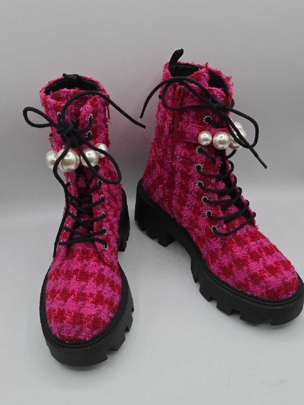 Betsey Johnson Jonnie Hot Pink & Red Tweed Lace-Up Combat Boots w/Pearl Accent - Picture 12 of 15